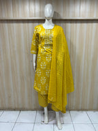 Mustard Yellow Cotton 3-Piece Set with Embroidered Yoke Printed Dupatta