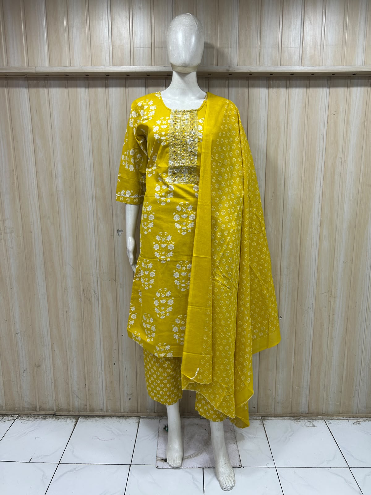 Mustard Yellow Cotton 3-Piece Set with Embroidered Yoke Printed Dupatta