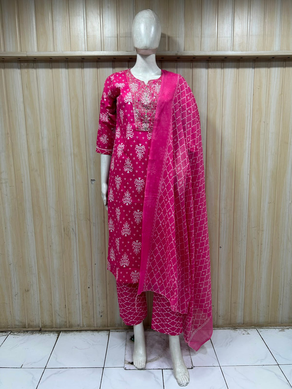 Rani Pink Cotton 3-Piece Set with Embroidered Neck Detail