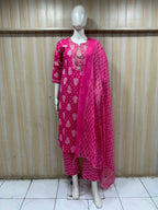 Rani Pink Cotton 3-Piece Set with Embroidered Neck Detail