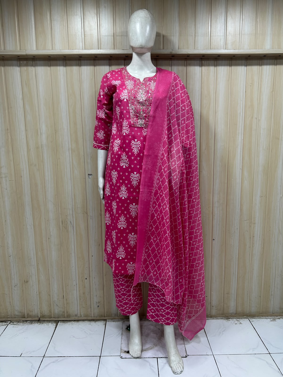 Rani Pink Cotton 3-Piece Set with Embroidered Neck Detail