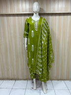 Olive Green Cotton 3-Piece Set with Embroidered Neckline