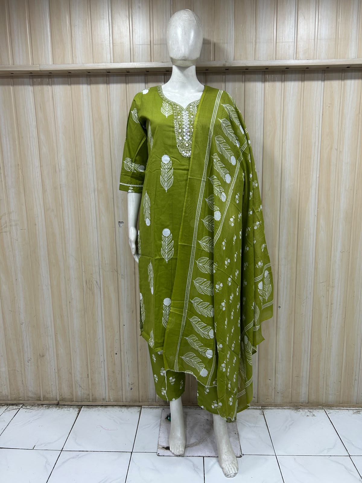 Olive Green Cotton 3-Piece Set with Embroidered Neckline