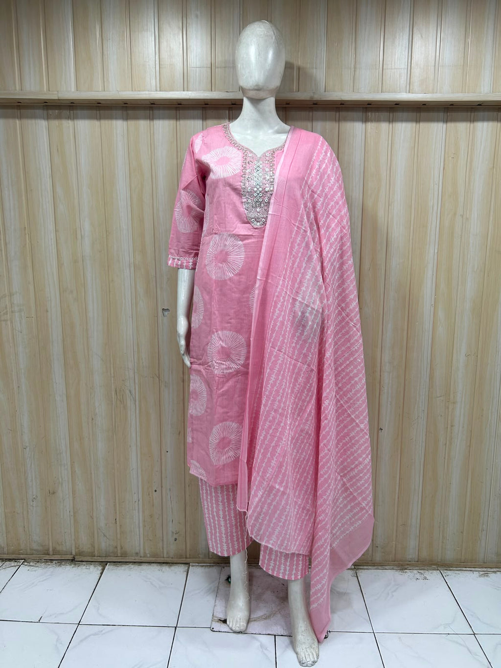 Blush Pink Cotton Hand Work 3-Piece Set