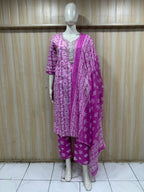 Magenta Pink Cotton 3-piece Set with Embellished Neckline
