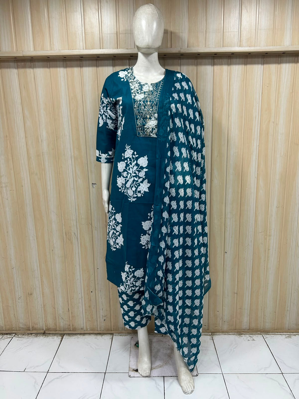 Teal Blue Cotton Printed 3-Piece Set