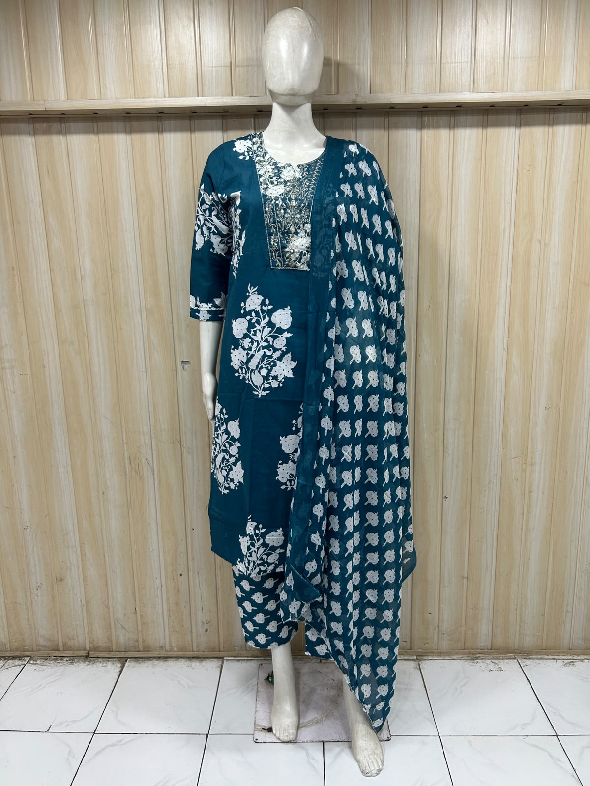 Teal Blue Cotton Printed 3-Piece Set