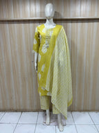 Lemon Yellow Cotton 3-piece Set with Embellished Neckline