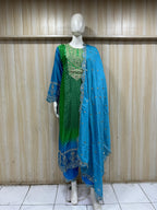 Green &amp; Blue American Satin Embroidered 3-Piece Ethnic Suit Set