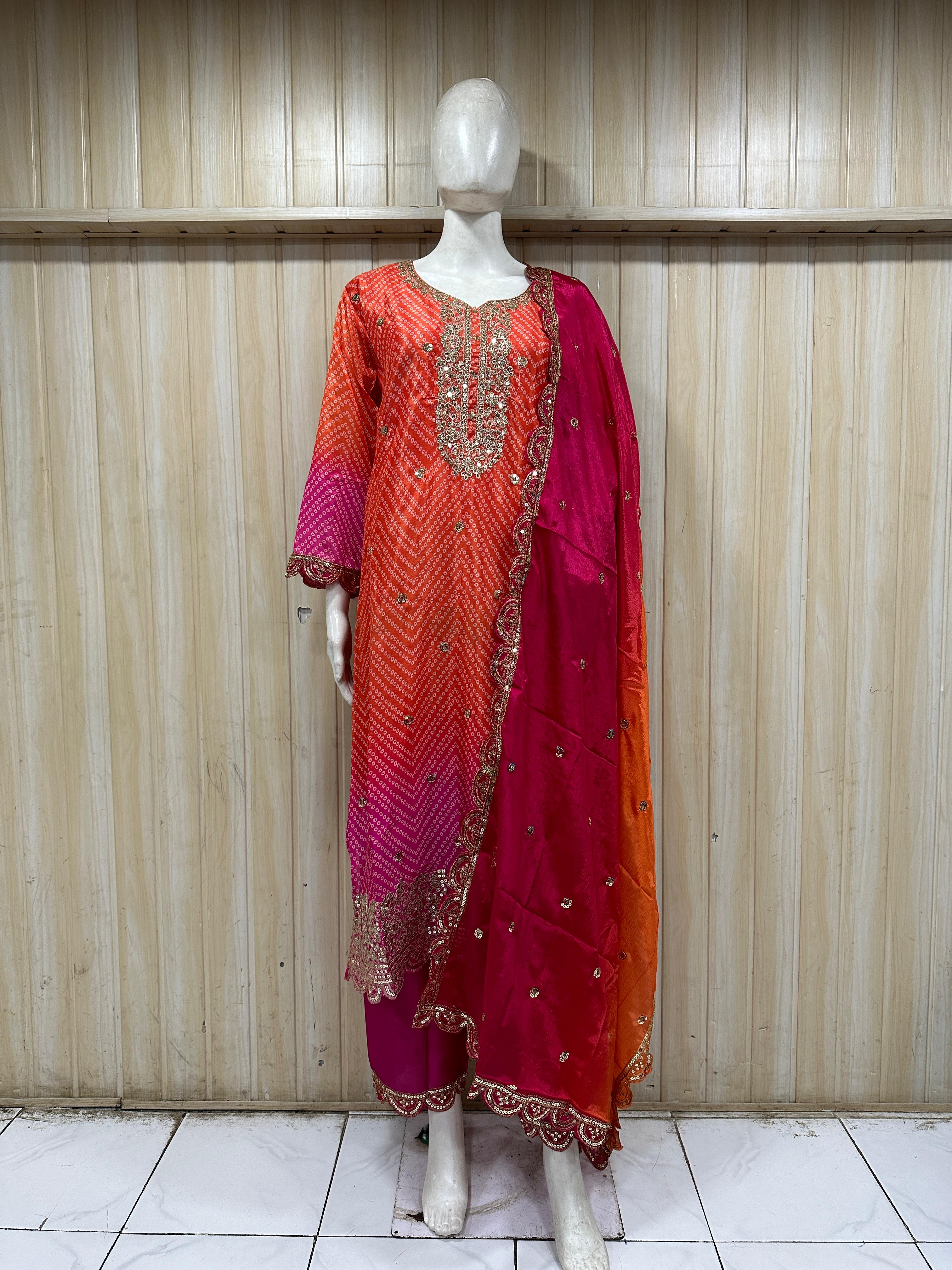 Orange & Magenta American Satin Embroidered 3-Piece Ethnic Suit Set