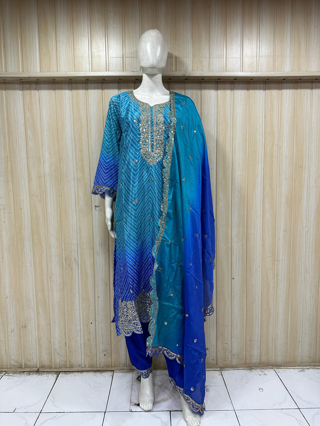 Sky Blue &amp; Royal Blue American Satin Embroidered 3-Piece Ethnic Suit Set