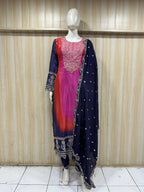 Pink, Coral & .Navy Blue American Satin Embroidered 3-Piece Ethnic Suit Set