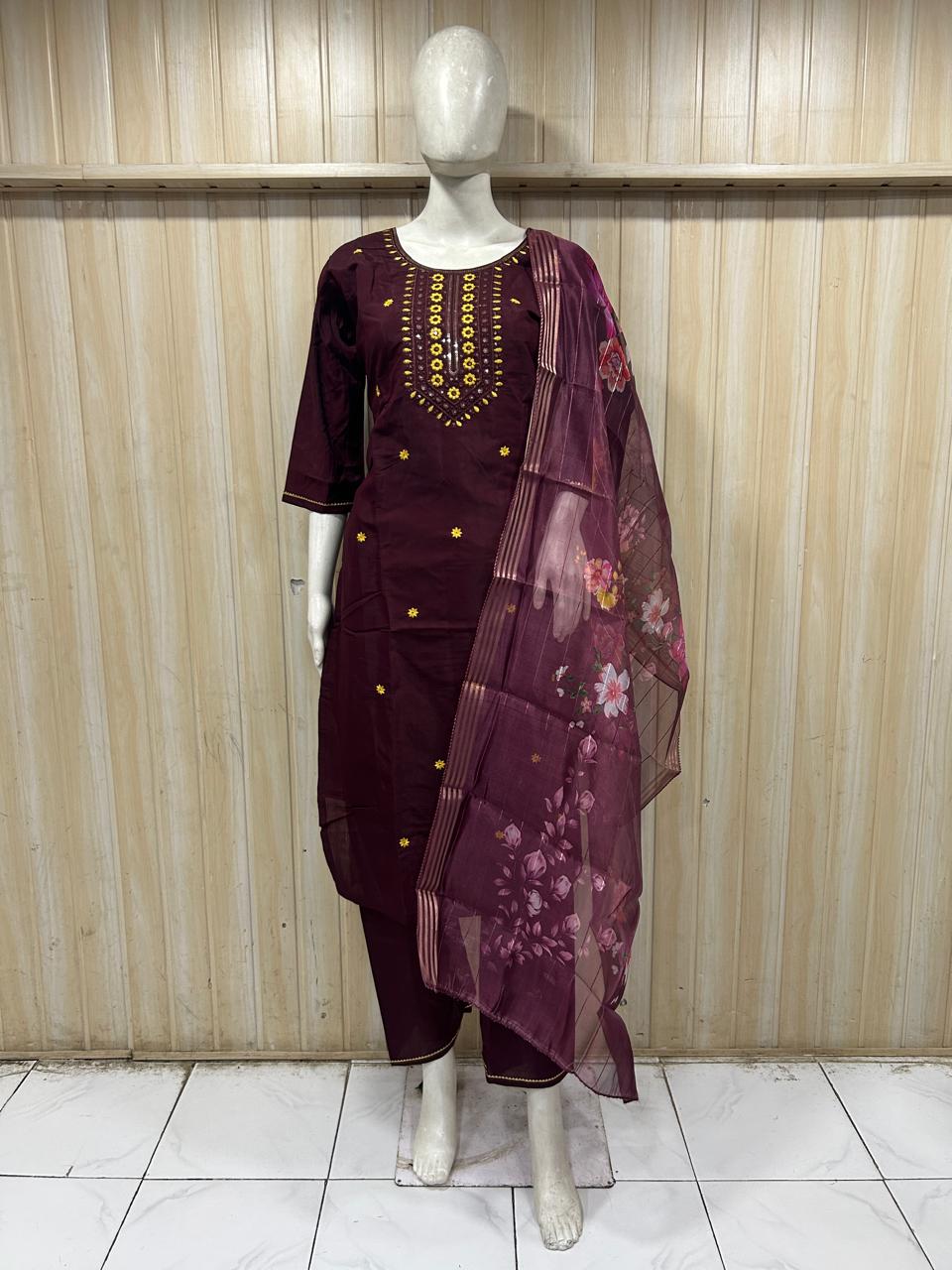 Plum Purple ROMAN SILK Embroidered 3-Piece Ethnic Suit Set with Floral Printed Dupatta