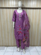 Premium Lavender ROMAN SILK 3-Piece Ethnic Suit Set with Embroidered Neckline &amp; Floral Printed Dupatta