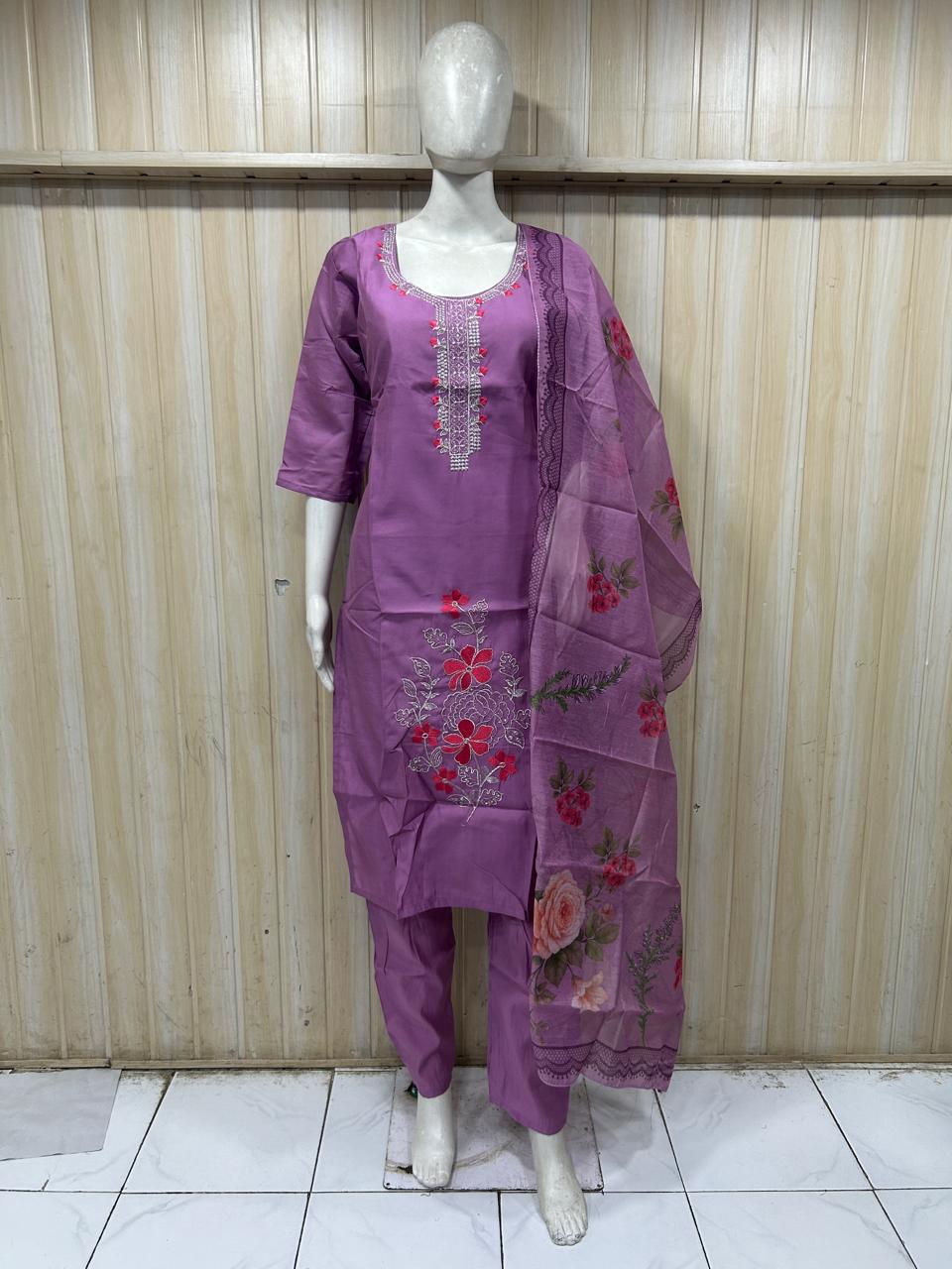 Premium Lavender ROMAN SILK 3-Piece Ethnic Suit Set with Embroidered Neckline &amp; Floral Printed Dupatta