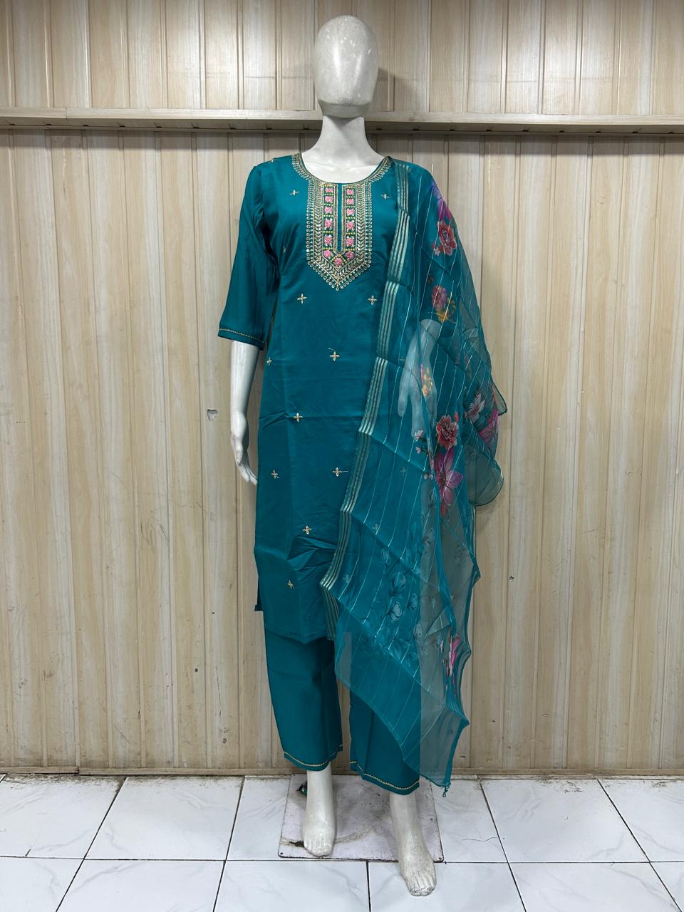 Premium Teal Blue ROMAN SILK 3-Piece Ethnic Suit Set with Embroidered Neckline &amp; Floral Printed Dupatta