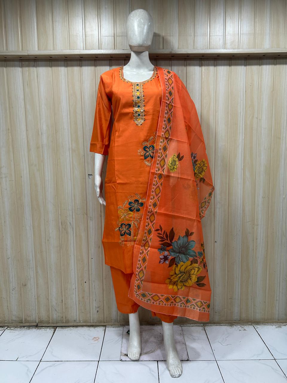 Premium Orange ROMAN SILK 3-Piece Ethnic Suit Set with Embroidered Neckline & Floral Printed Dupatta
