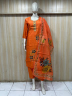 Premium Orange ROMAN SILK 3-Piece Ethnic Suit Set with Embroidered Neckline & Floral Printed Dupatta