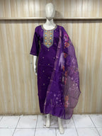 Royal Purple ROMAN SILK Embroidered 3-Piece Ethnic Suit Set with Floral Dupatta