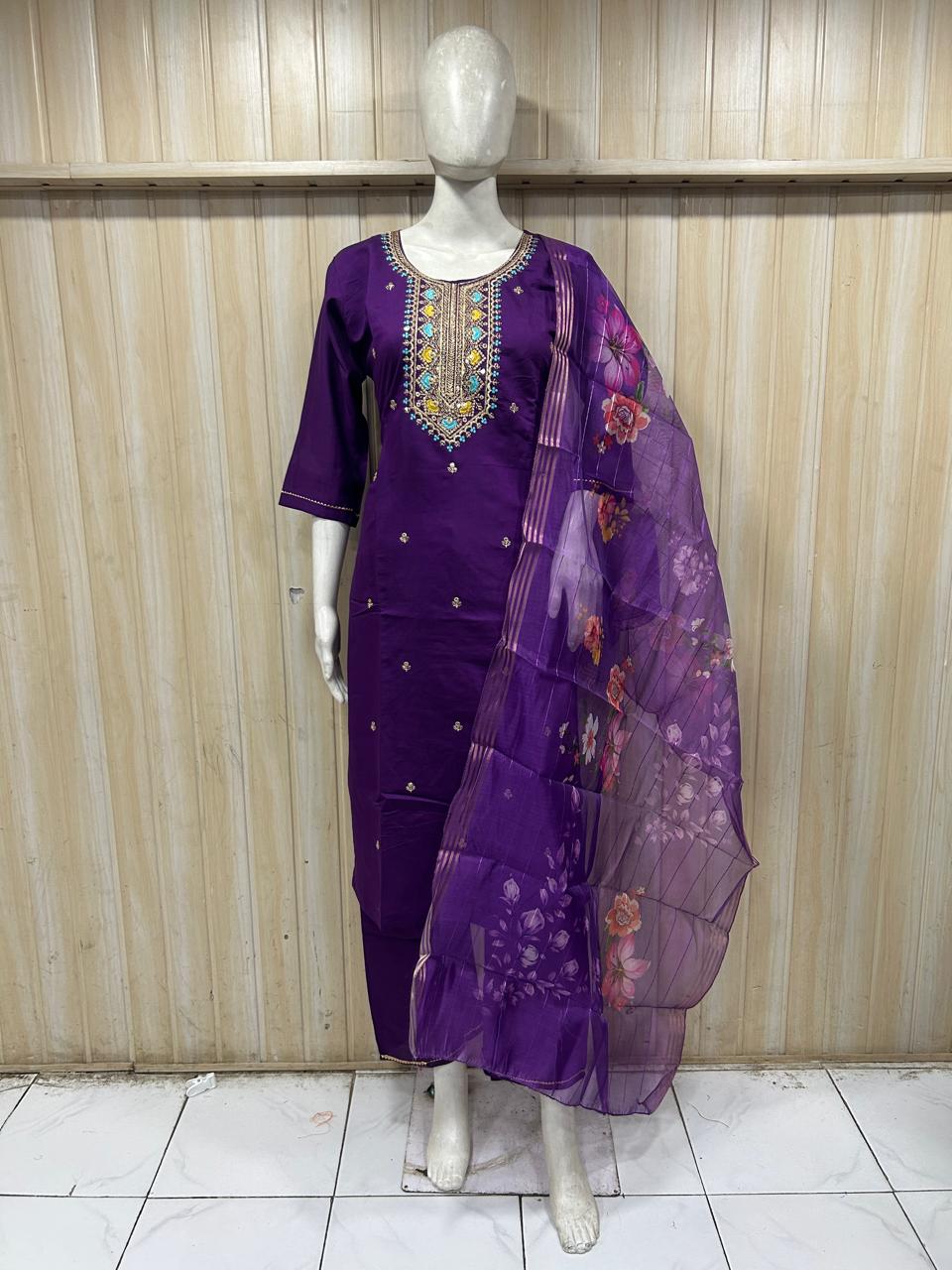 Royal Purple ROMAN SILK Embroidered 3-Piece Ethnic Suit Set with Floral Dupatta