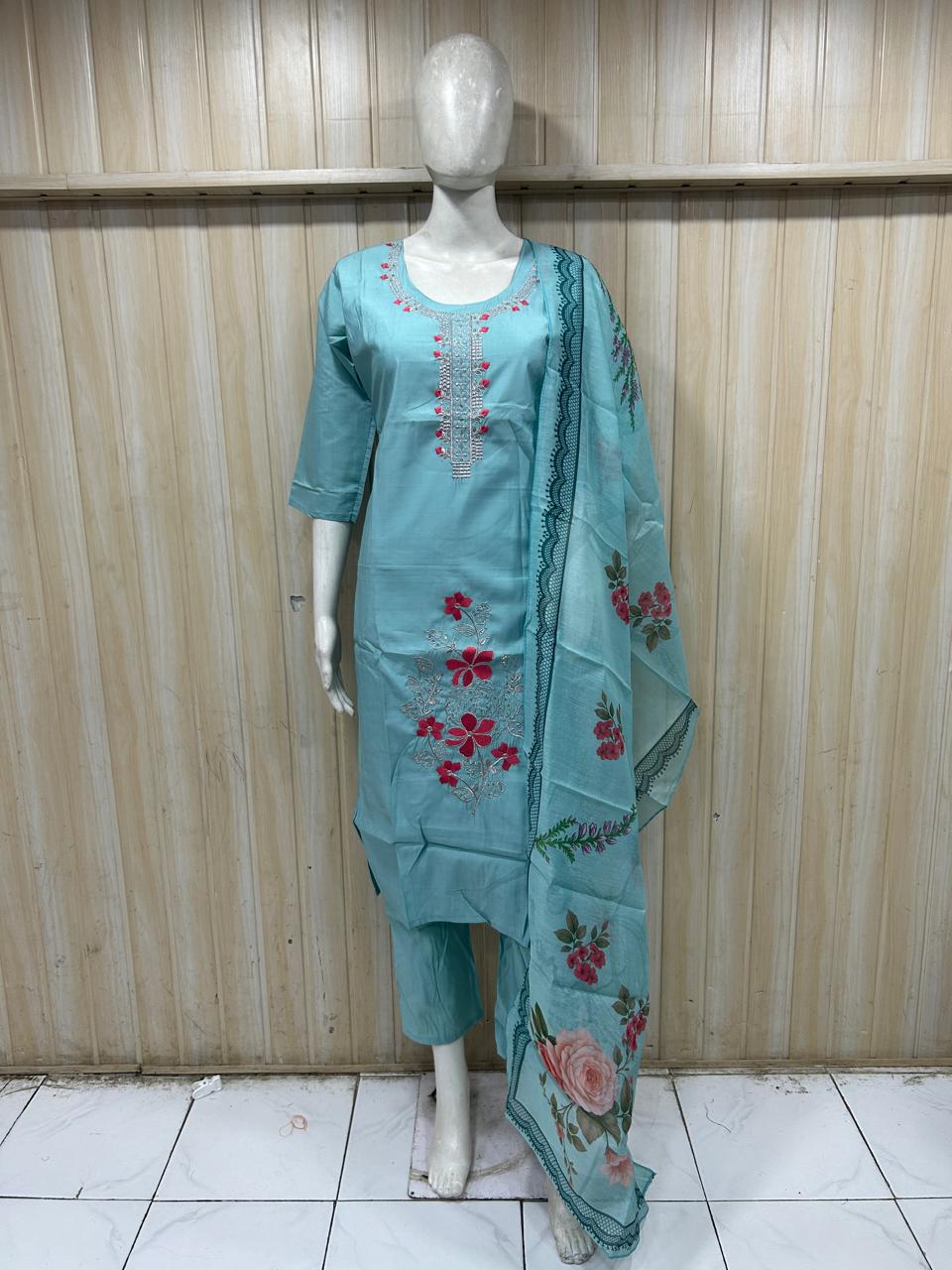 Aqua Blue ROMAN SILK Embroidered 3-Piece Ethnic Suit Set with Floral Dupatta