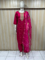 Premium ROMAN SILK Deep Pink 3-Piece Embroidered Ethnic Suit Set with Floral Dupatta