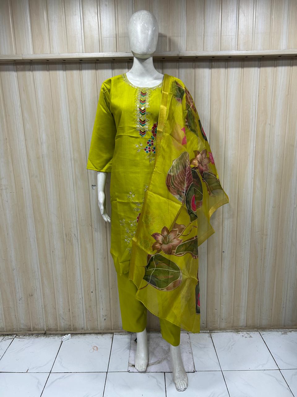 Lime Green ROMAN SILK Embroidered 3-Piece Ethnic Suit Set with Printed Dupatta