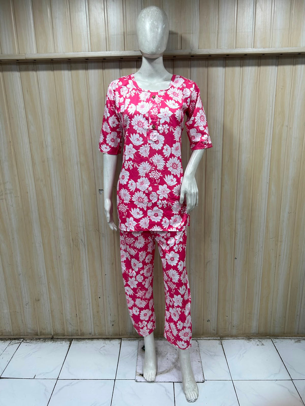 Bright Pink Cotton Floral Print Co-Ord Set for Women