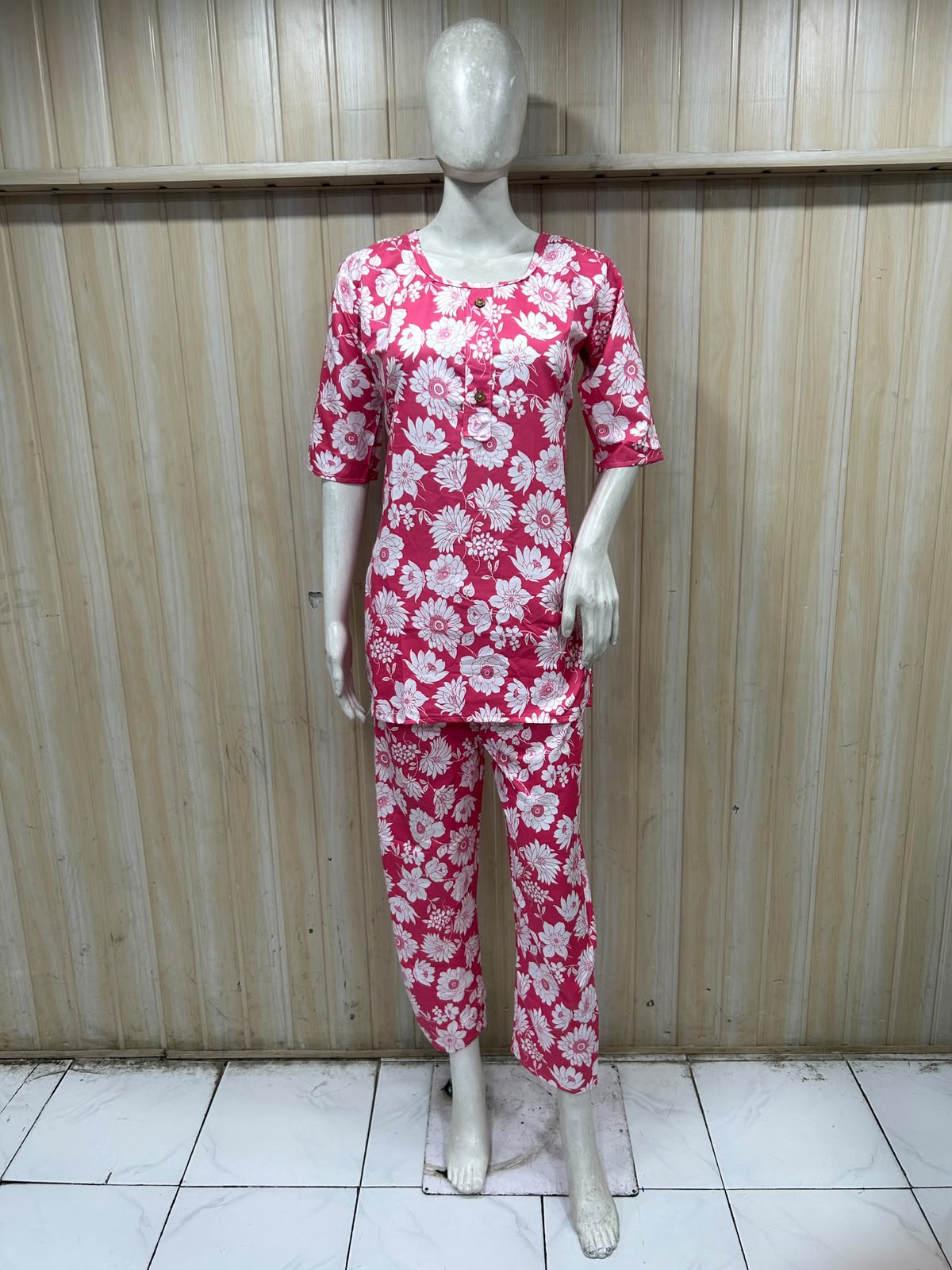 Bright Pink Cotton Floral Print Co-Ord Set for Women