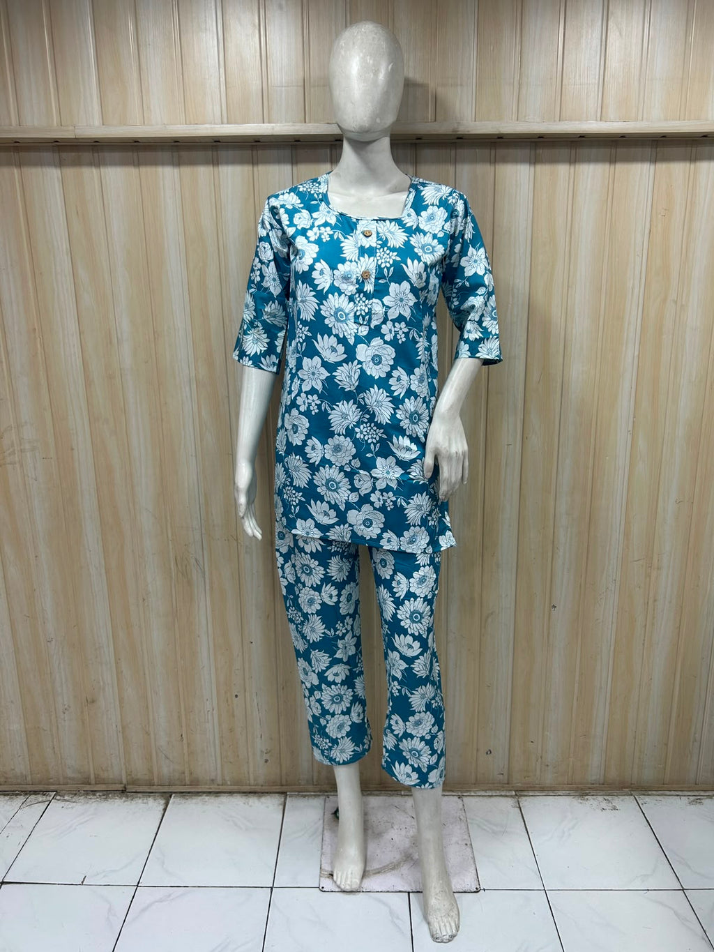 Teal Blue Cotton Floral Print Co-Ord Set for Women