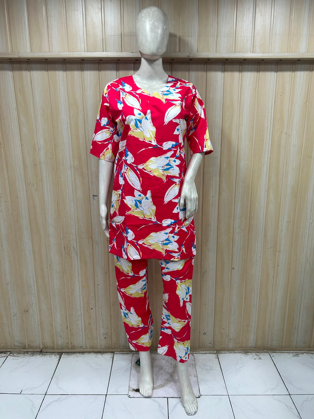 Red Cotton Abstract Floral Print Co-Ord Set for Women