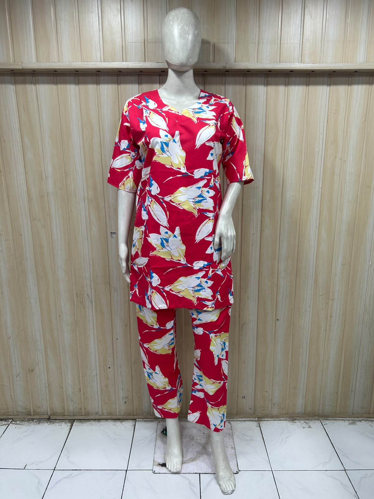 Red Cotton Abstract Floral Print Co-Ord Set for Women