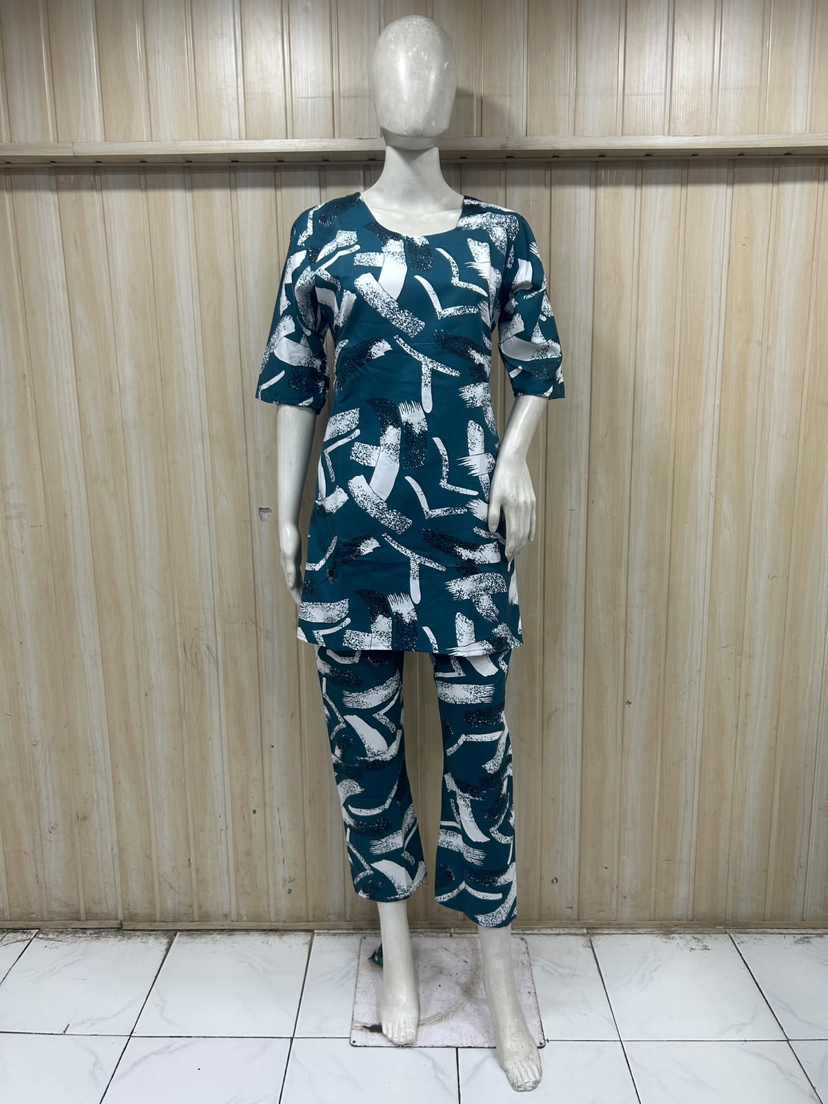 Teal Blue Cotton Abstract Print Co-Ord Set for Women