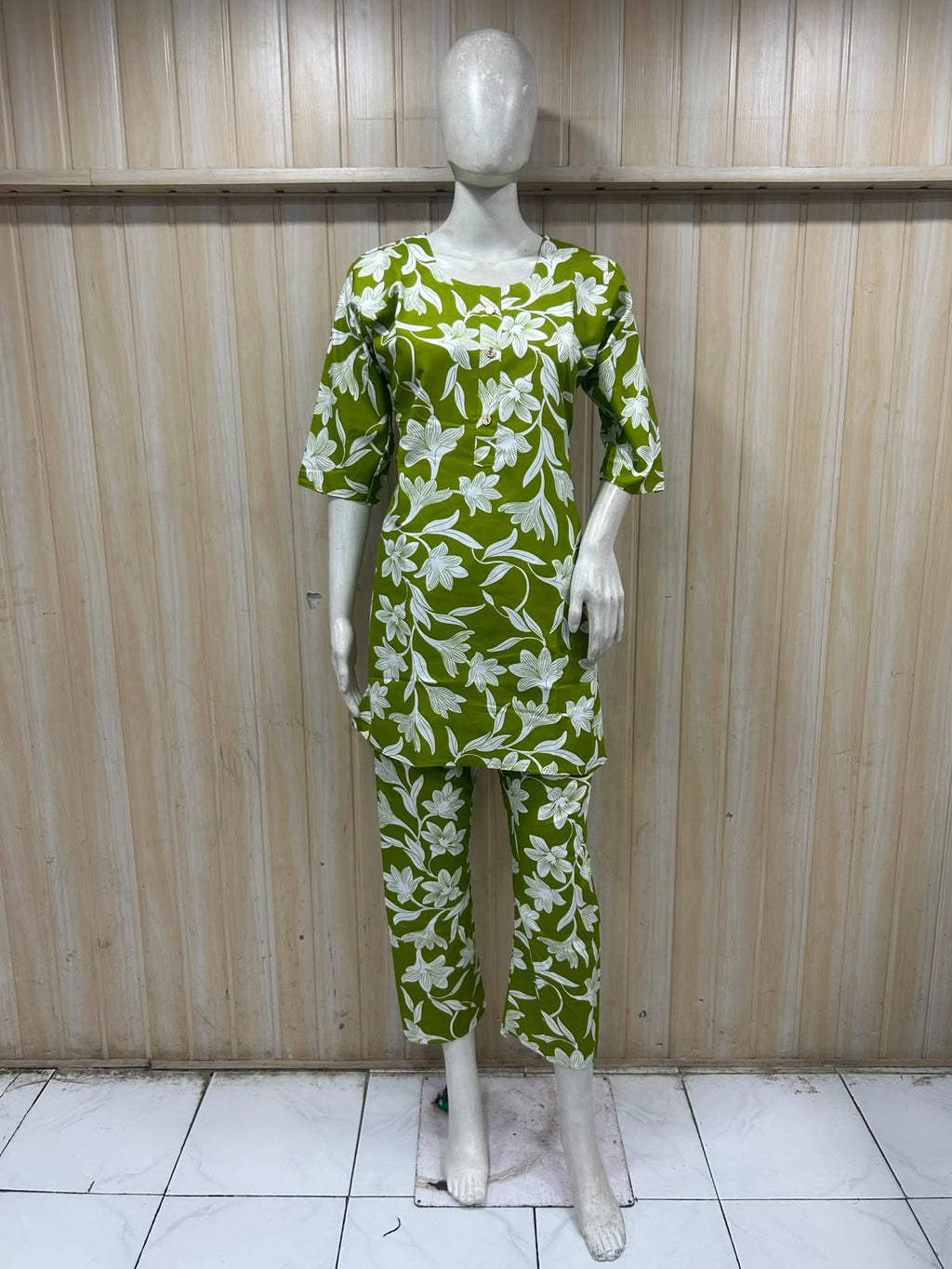 Olive Green Cotton Floral Print Co-Ord Set for Women
