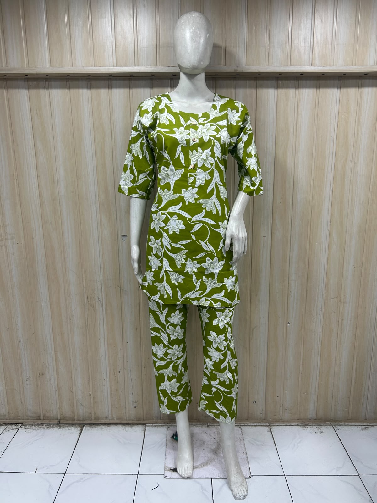 Olive Green Cotton Floral Print Co-Ord Set for Women
