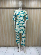 Teal Blue Cotton Tropical Leaf Print Co-Ord Set for Women