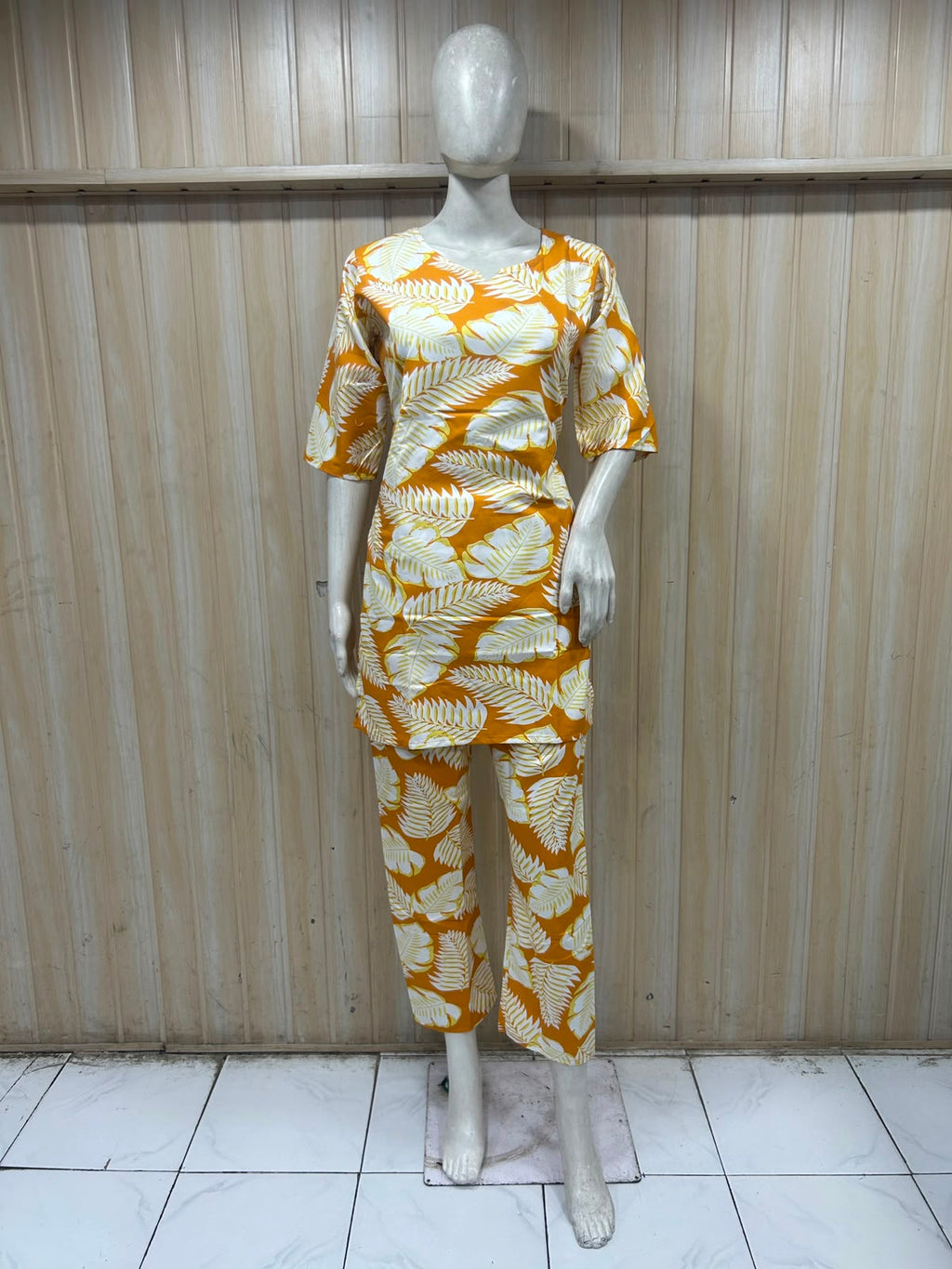 Mustard Cotton Leaf Print Co-Ord Set for Women