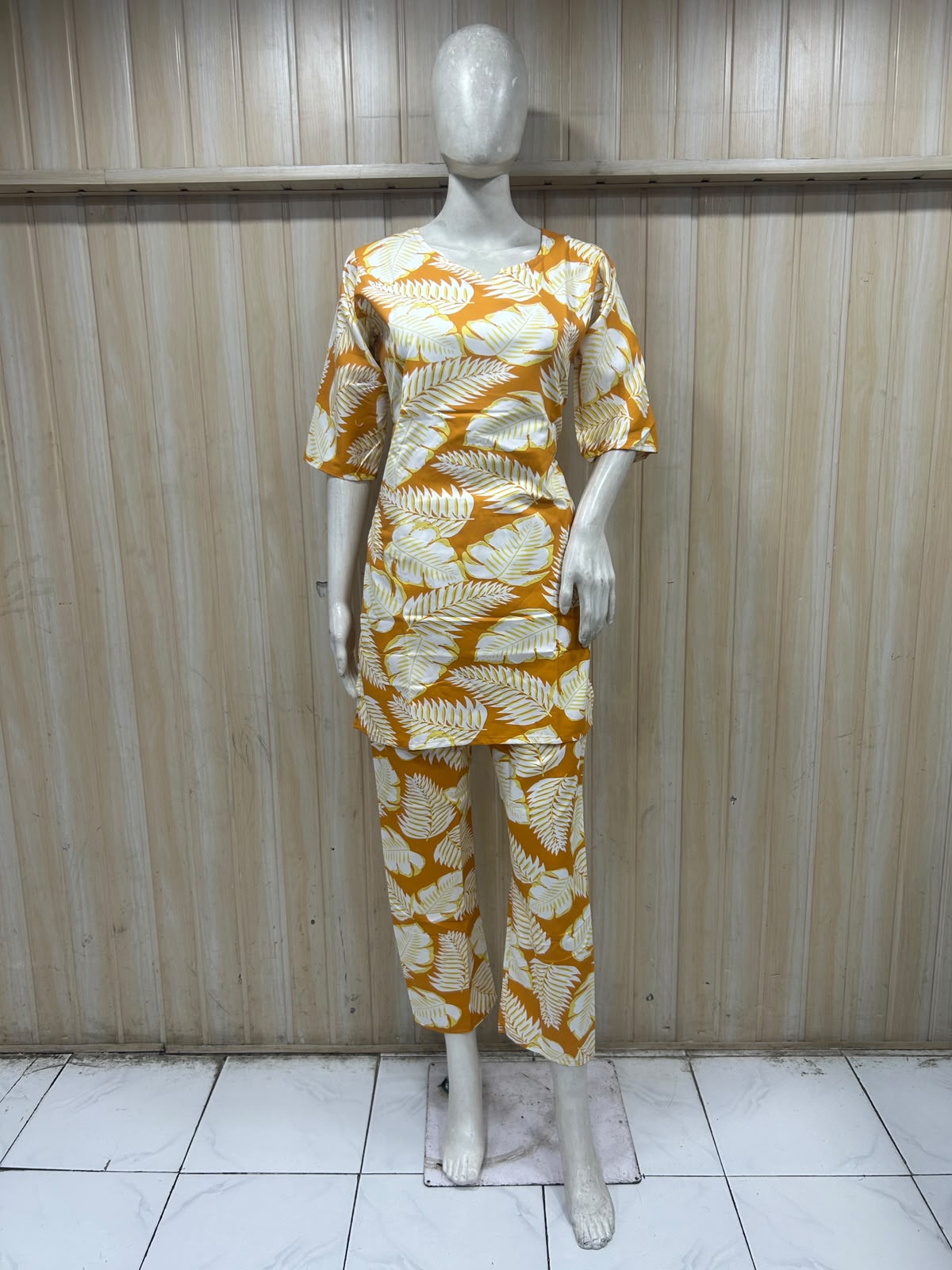 Mustard Cotton Leaf Print Co-Ord Set for Women