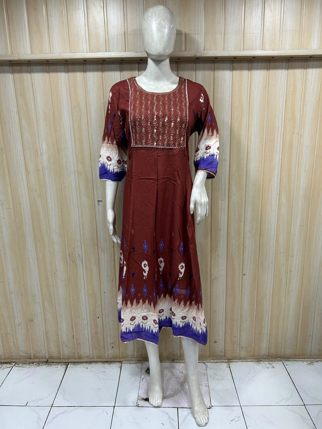 Premium Brown Rayon Round Neck Embroidered 1-Piece Kurti for Women