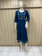 Premium Navy Blue Rayon Embroidered Round Neck 1-Piece Kurti