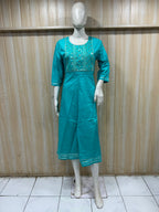 Premium Teal Rayon Round Neck Embroidered 1-Piece Kurti