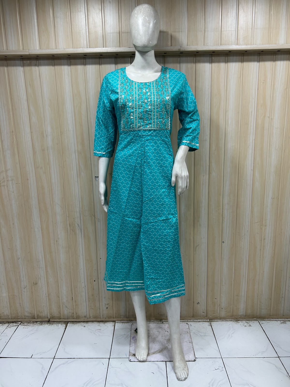 Premium Teal Rayon Round Neck Embroidered 1-Piece Kurti