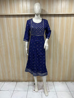 Premium Royal Blue Rayon Embroidered Round Neck 1-Piece Kurti
