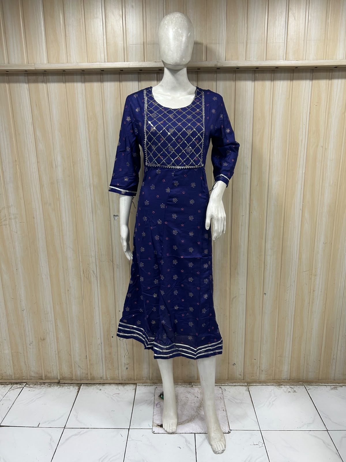 Premium Royal Blue Rayon Embroidered Round Neck 1-Piece Kurti