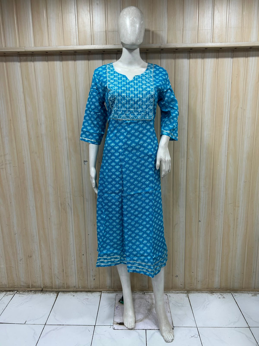Premium Blue Rayon Round Neck Embroidered 1-Piece Kurti