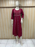 Premium Magenta Rayon Round Neck Embroidered 1-Piece Kurti