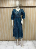 Premium Peacock Blue Rayon Round Kurti for Women | 1-Piece Elegant Embellished Design