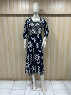 Navy Blue &amp; White Rayon Round Neck Printed 1-Piece Kurti for Women