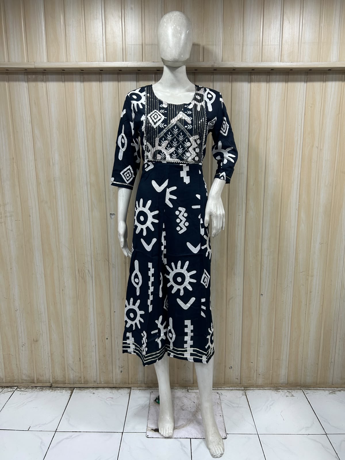 Navy Blue &amp; White Rayon Round Neck Printed 1-Piece Kurti for Women