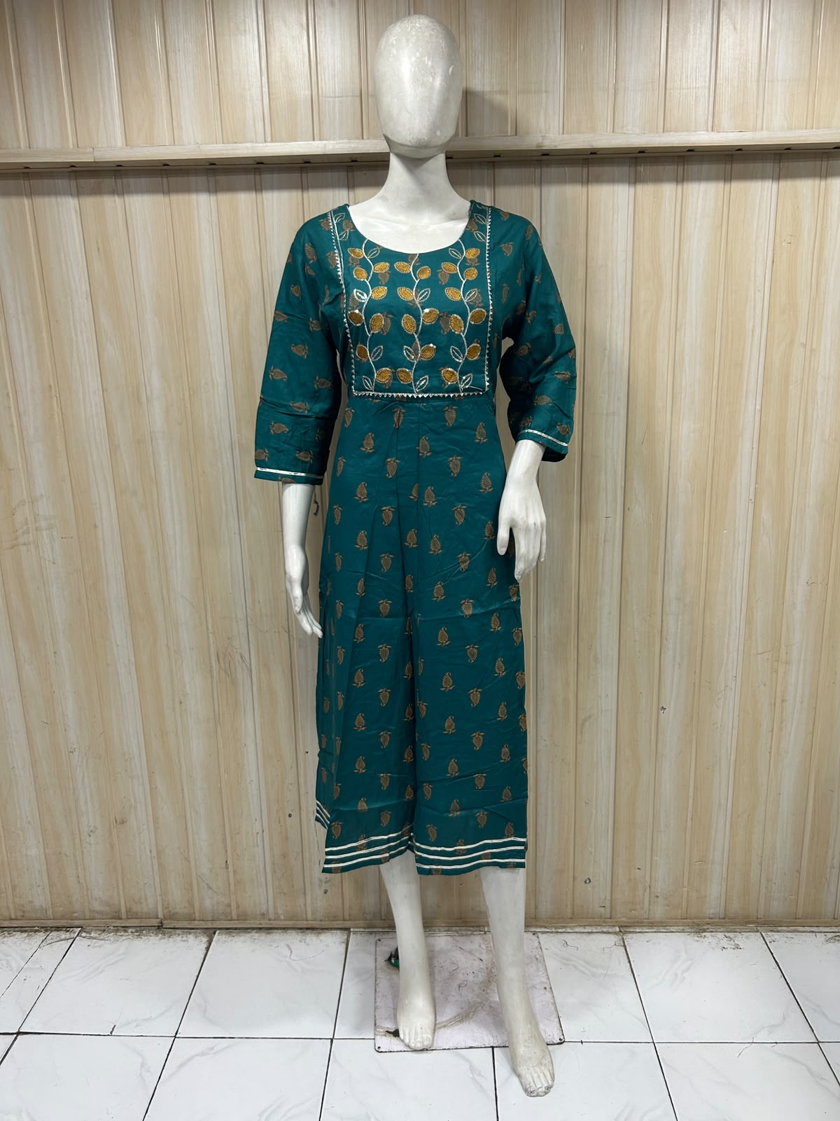 Teal Green Rayon 1-Piece Round Kurti with Embroidered Yoke